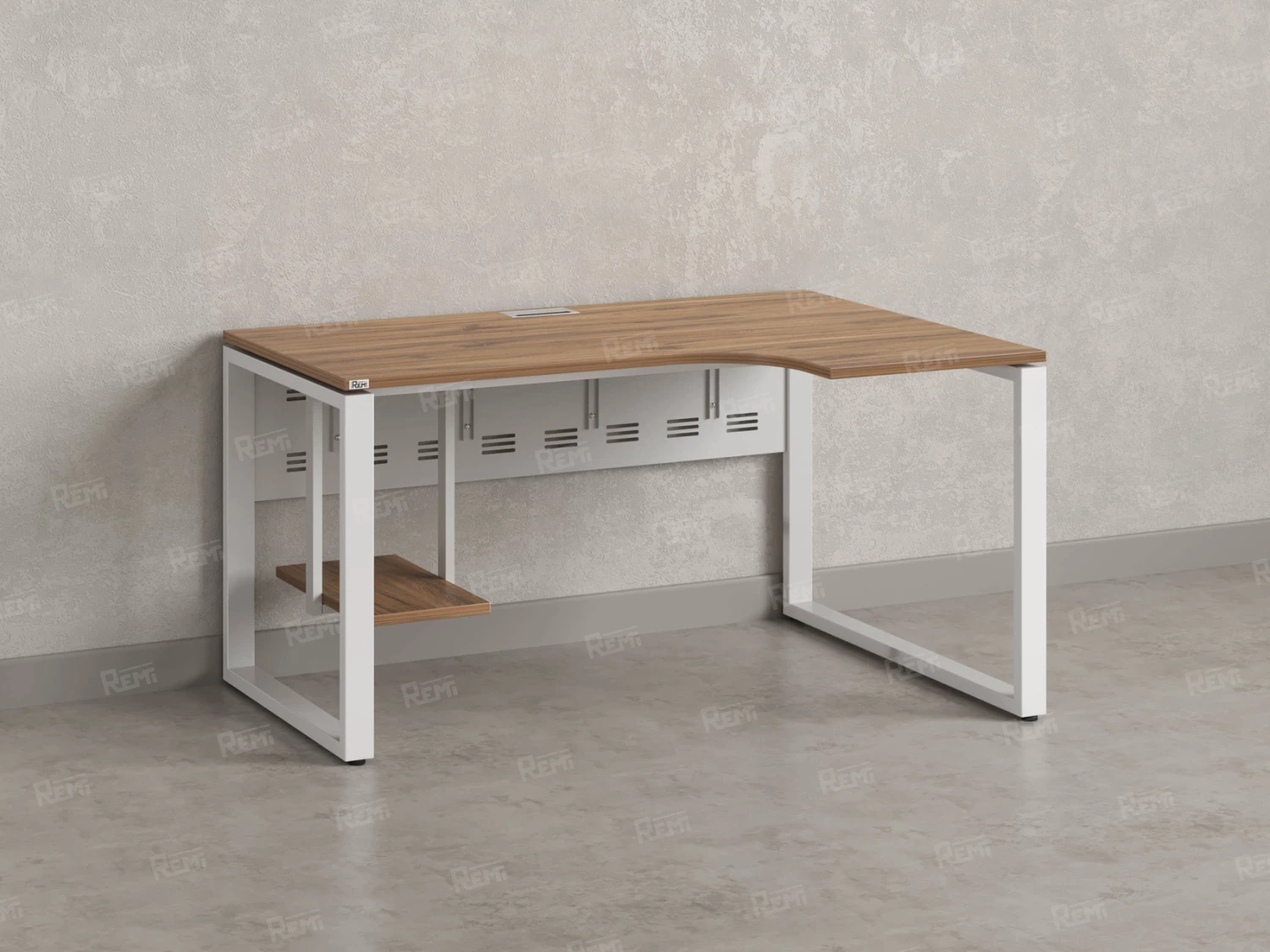 Стол угловой, экран металл, О-опора, правый 1600x600/900x750, RM057-16x6-9 Дуб Юстус/Белый