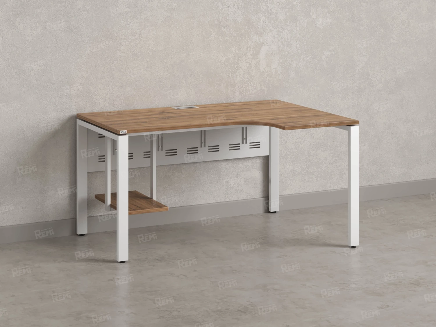 Стол угловой, экран металл, П-опора, правый 1400x600/900x750, RM058-14x6-9 Дуб Юстус/Белый