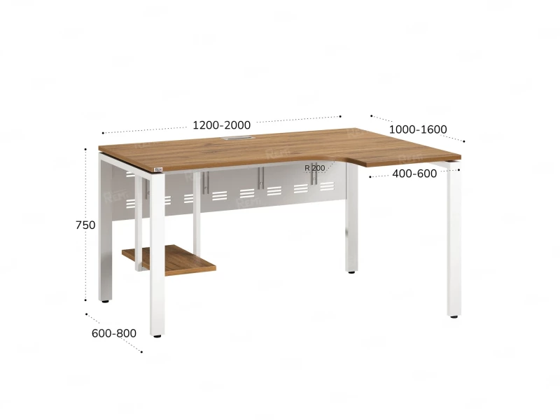 Стол угловой, экран металл, П-опора, правый 1400x600/900x750, RM058-14x6-9 Дуб Юстус/Белый