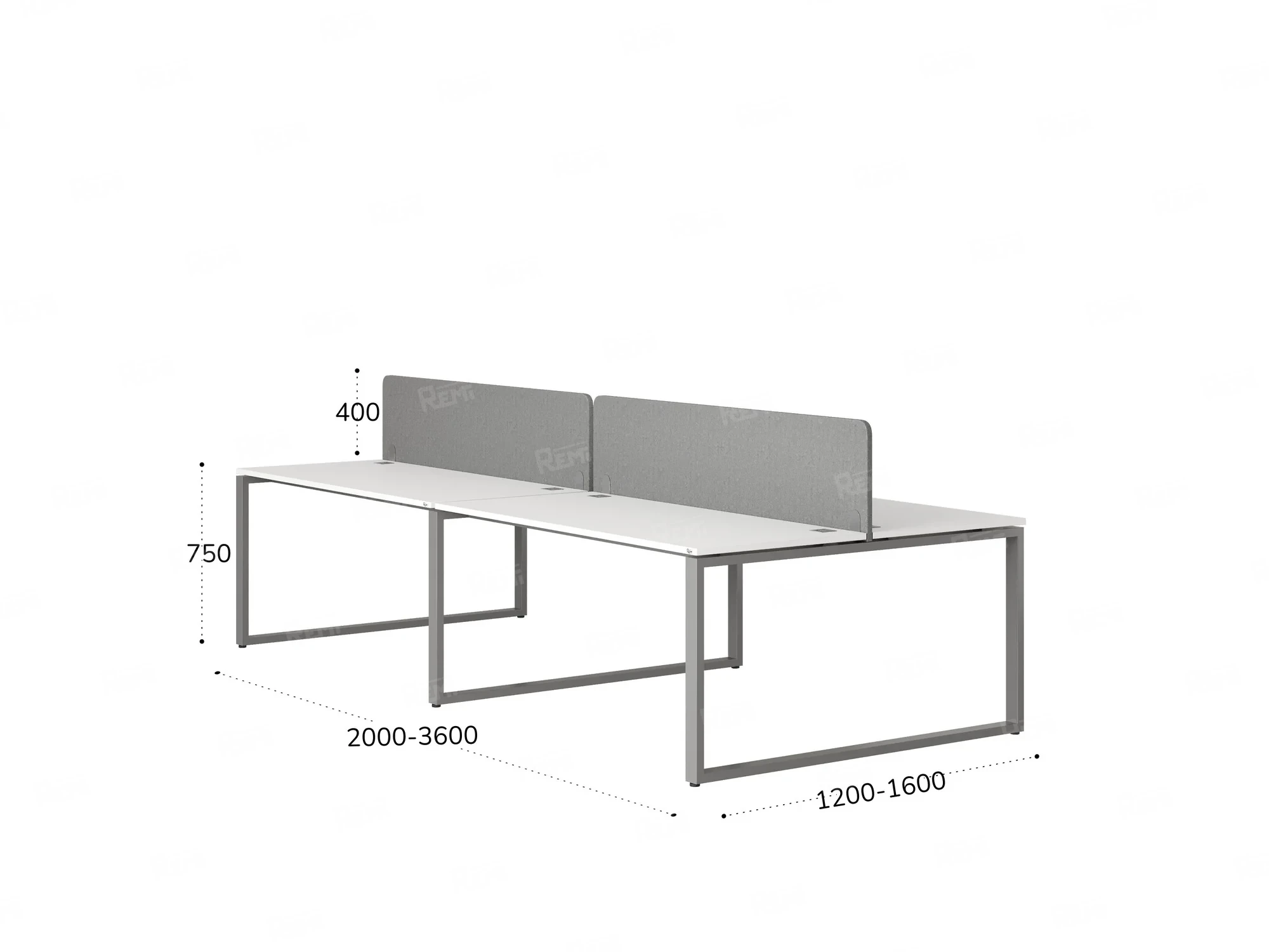 Бенч-система, 4 рабочих места, на О-образных опорах, 2 тканевых экранов 2800x1400x750 RM170-3-14x14 Белый/Серый