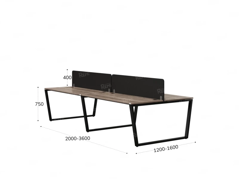 Бенч-система, 4 рабочих места, на U-образных опорах, 2 тканевых экранов 2400x1200x750 RM173-3-12x12 Дуб Маувелла/Черный