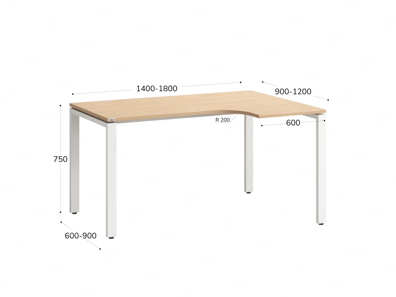 Стол угловой, П-опора, правый 1400x800/1000x750, RM052-14x8-10 Вяз Швейцарский светлый/Белый