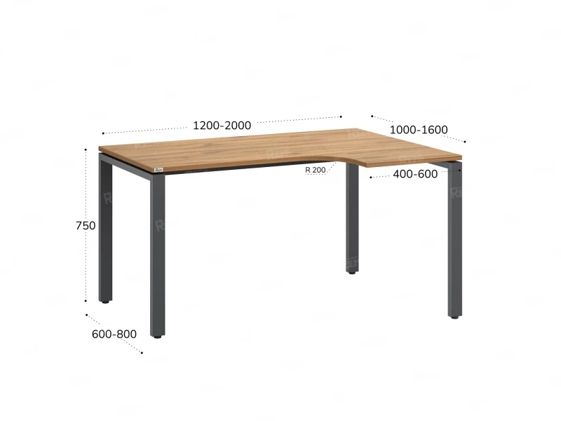 Стол угловой, П-опора, правый 1800x600/900x750, RM052-18x6-9 Дуб Юстус/Серый