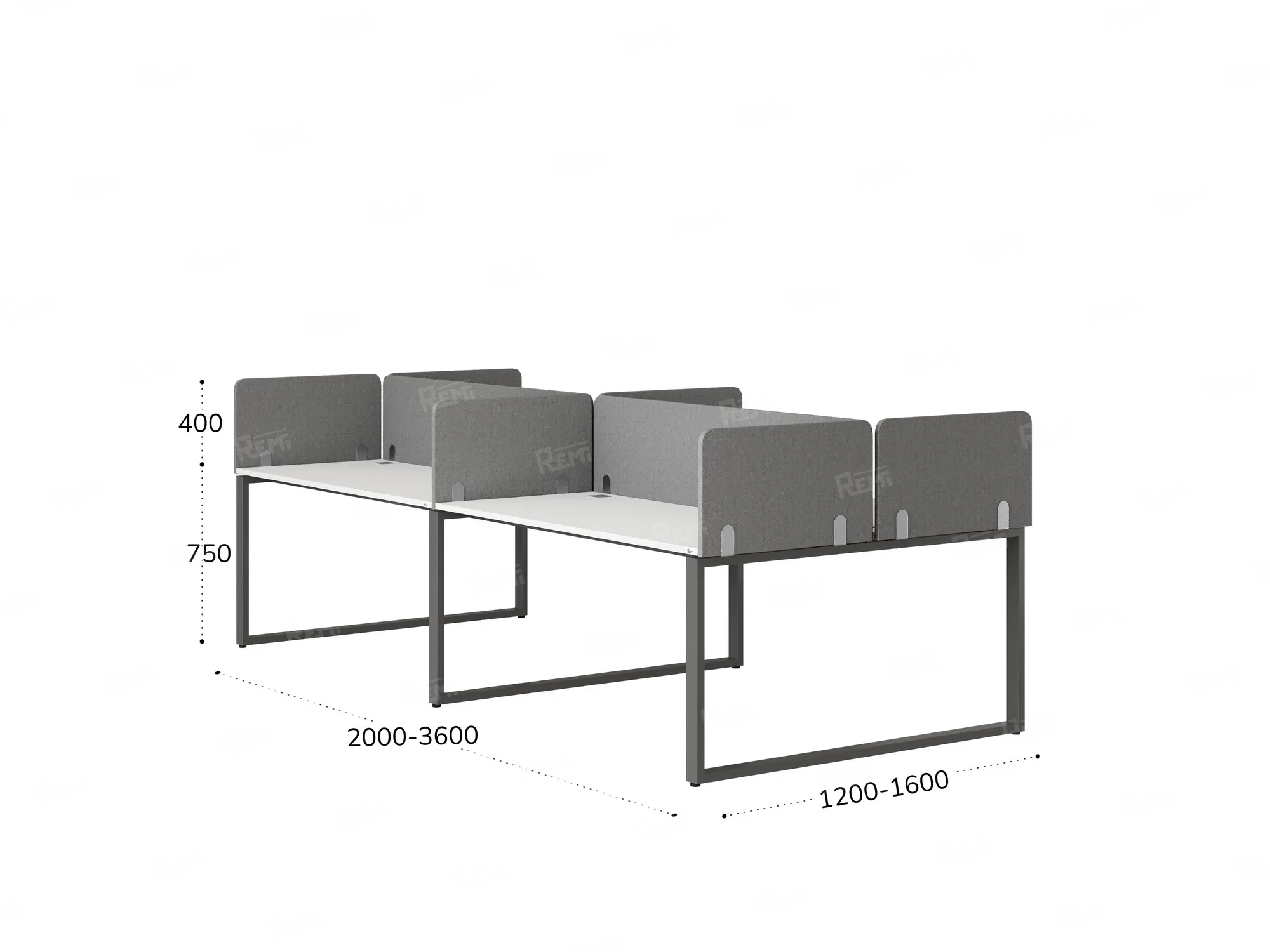 Бенч-система, 4 рабочих места, на О-образных опорах, 8 тканевых экранов 2000x1600x750 RM170-1-10x16 Белый/Серый