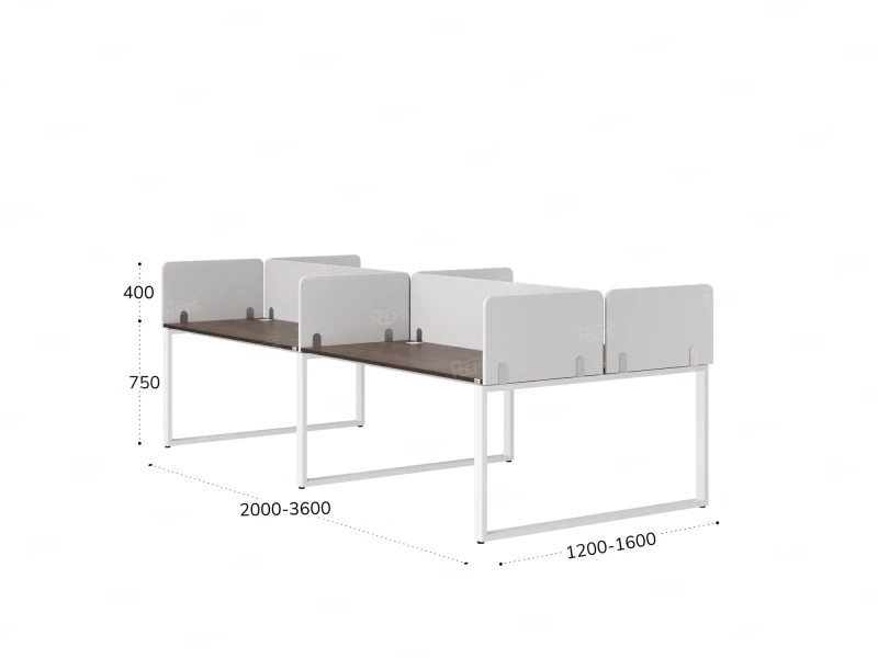 Бенч-система, 4 рабочих места, на U-образных опорах, 8 тканевых экранов 2000x1200x750 RM173-1-10x12 Дуб Апрельский шоколад/Белый