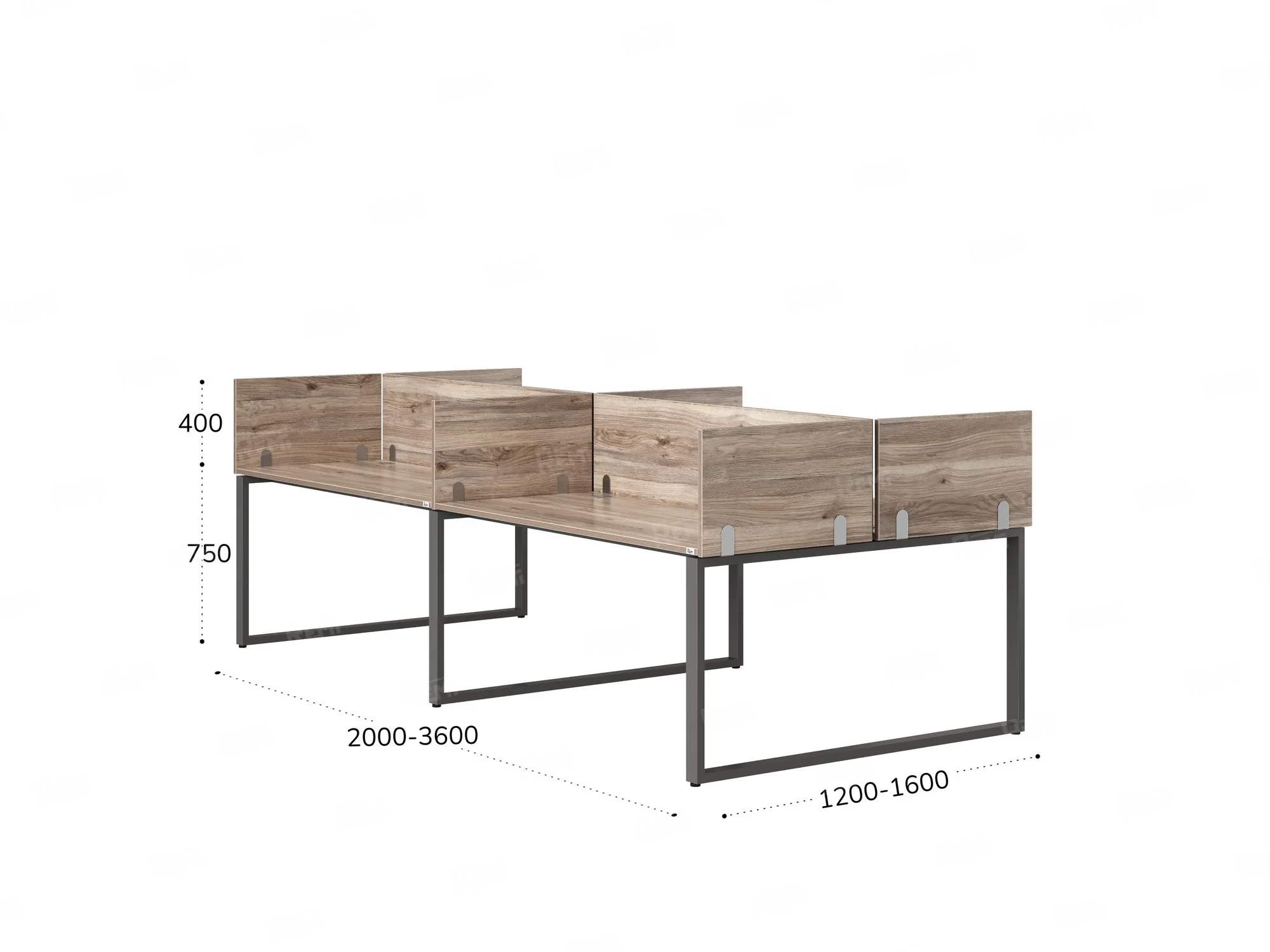 Бенч-система, 4 рабочих места, на О-образных опорах, 8 ЛДСП экранов 2800x1600x750 RM170-1-14x16 Дуб Маувелла/Серый