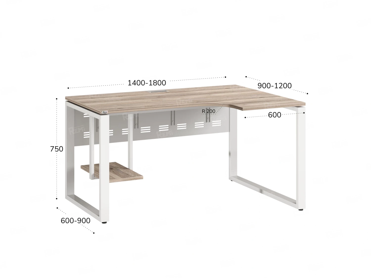 Стол угловой, экран металл, О-опора, левый 1400x900/1200x750, RM056-14x9-12 Дуб Маувелла/Белый