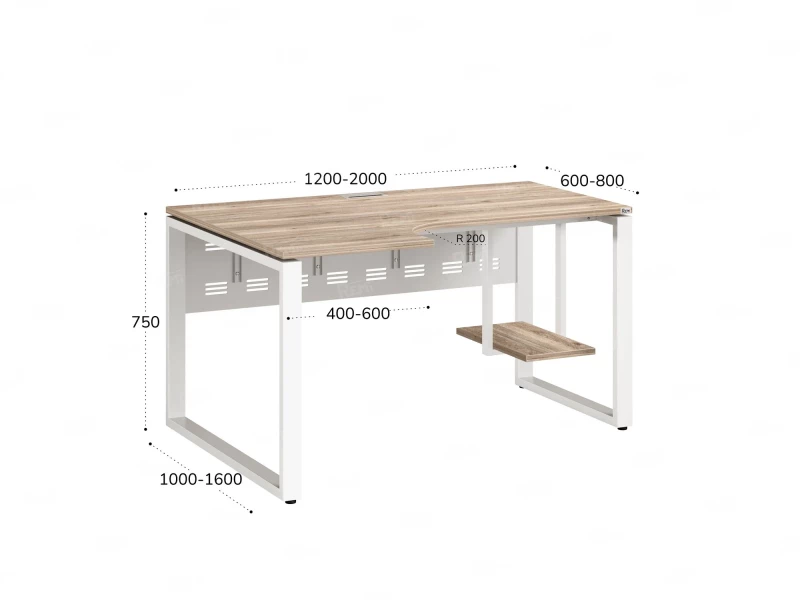 Стол угловой, экран металл, О-опора, левый 1400x900/1200x750, RM056-14x9-12 Дуб Маувелла/Белый