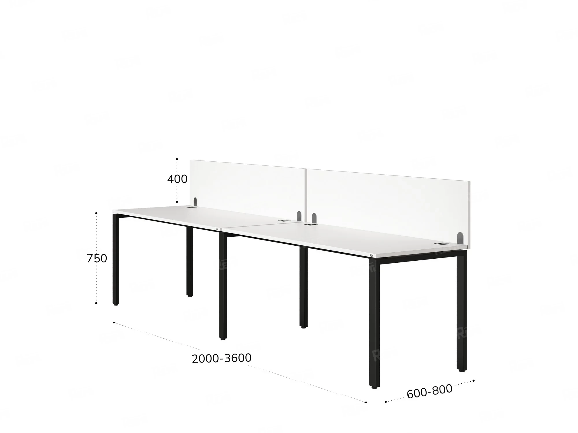 Бенч-система в 1 ряд, 2 рабочих места 2 ЛДСП экранов 2000x800x750 RM167-4-20x8 Белый/Черный