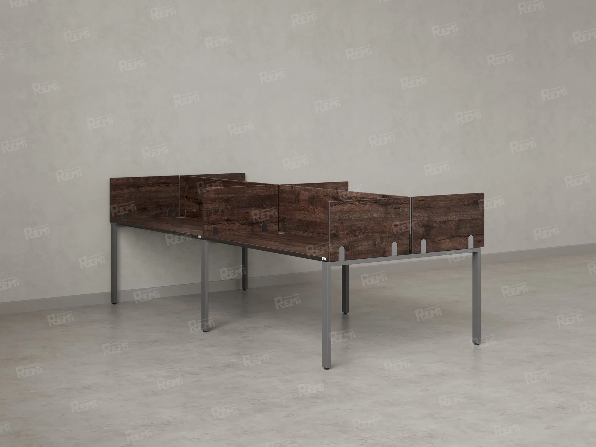 Бенч-система, 4 рабочих места, на П-образных опорах, 8 ЛДСП экранов 3200x1400x750 RM166-2-16x14 Дуб Апрельский шоколад/Серый