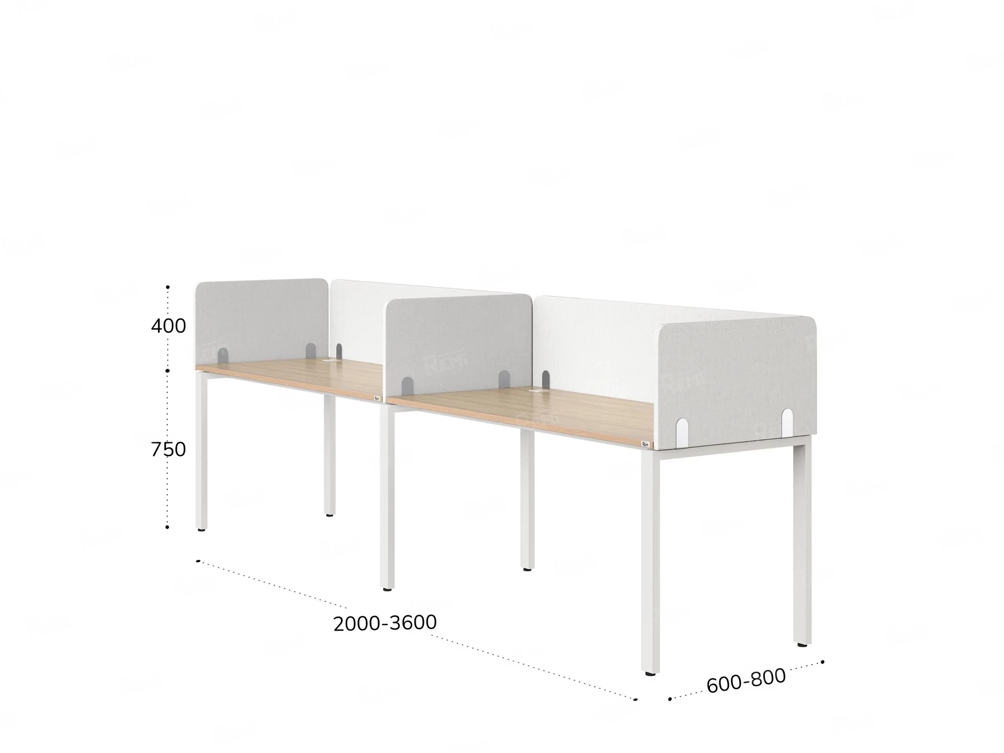 Бенч-система в 1 ряд, 2 рабочих места 5 тканевых экранов 2700x700x750 RM167-1-27x7 Вяз Швейцарский светлый/Белый