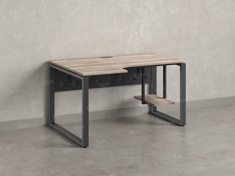 Стол угловой, экран металл, О-опора, левый 1400x900/1200x750, RM056-14x9-12 Дуб Маувелла/Серый