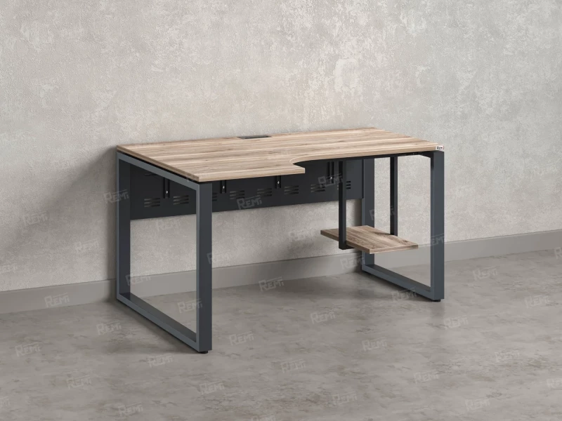 Стол угловой, экран металл, О-опора, левый 1400x900/1200x750, RM056-14x9-12 Дуб Маувелла/Серый