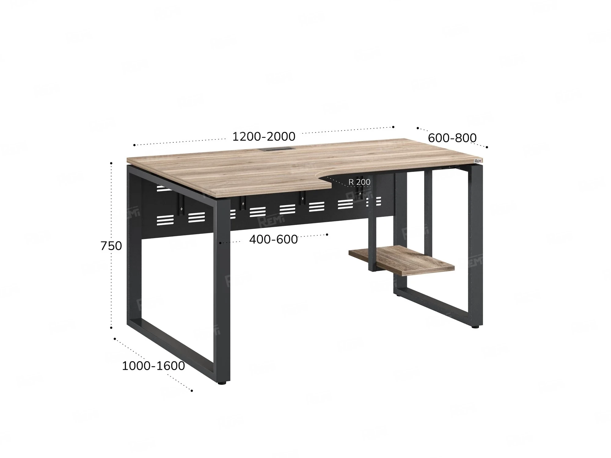 Стол угловой, экран металл, О-опора, левый 1400x900/1200x750, RM056-14x9-12 Дуб Маувелла/Серый