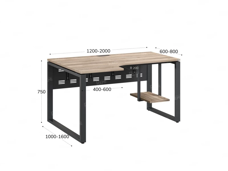 Стол угловой, экран металл, О-опора, левый 1400x900/1200x750, RM056-14x9-12 Дуб Маувелла/Серый