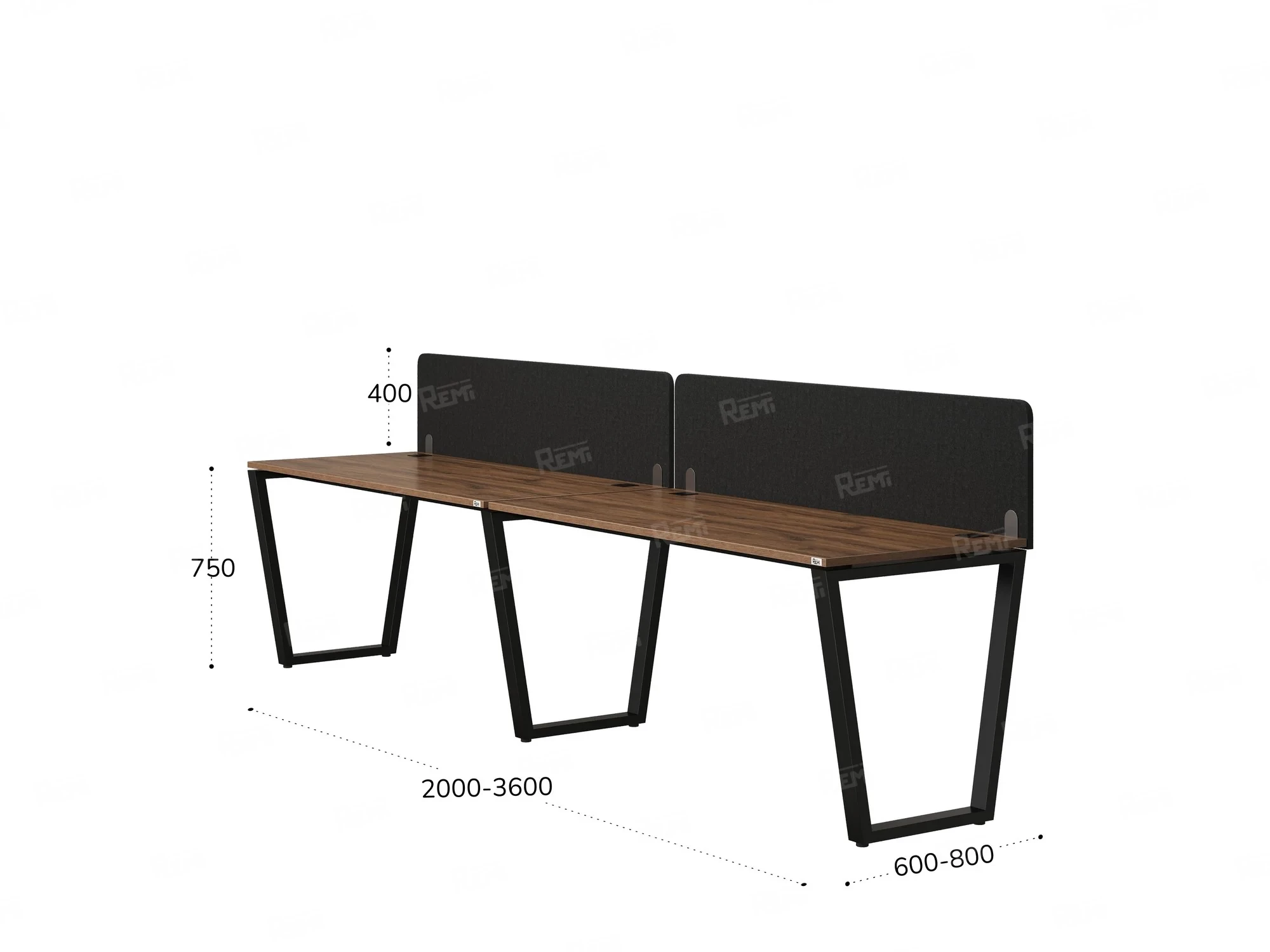 Бенч-система в 1 ряд, 2 рабочих места 2 тканевых экранов 2400x600x750 RM174-3-24x6 Дуб Юстус/Черный