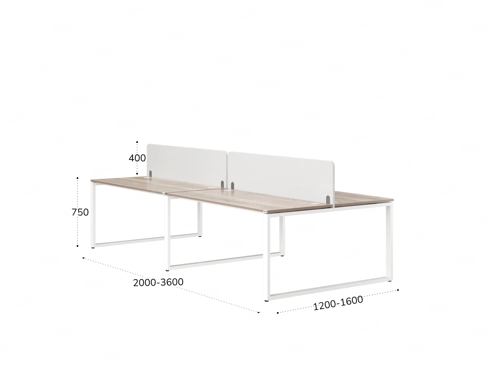Бенч-система, 4 рабочих места, на О-образных опорах, 2 тканевых экранов 2000x1200x750 RM170-3-10x12 Дуб Маувелла/Белый