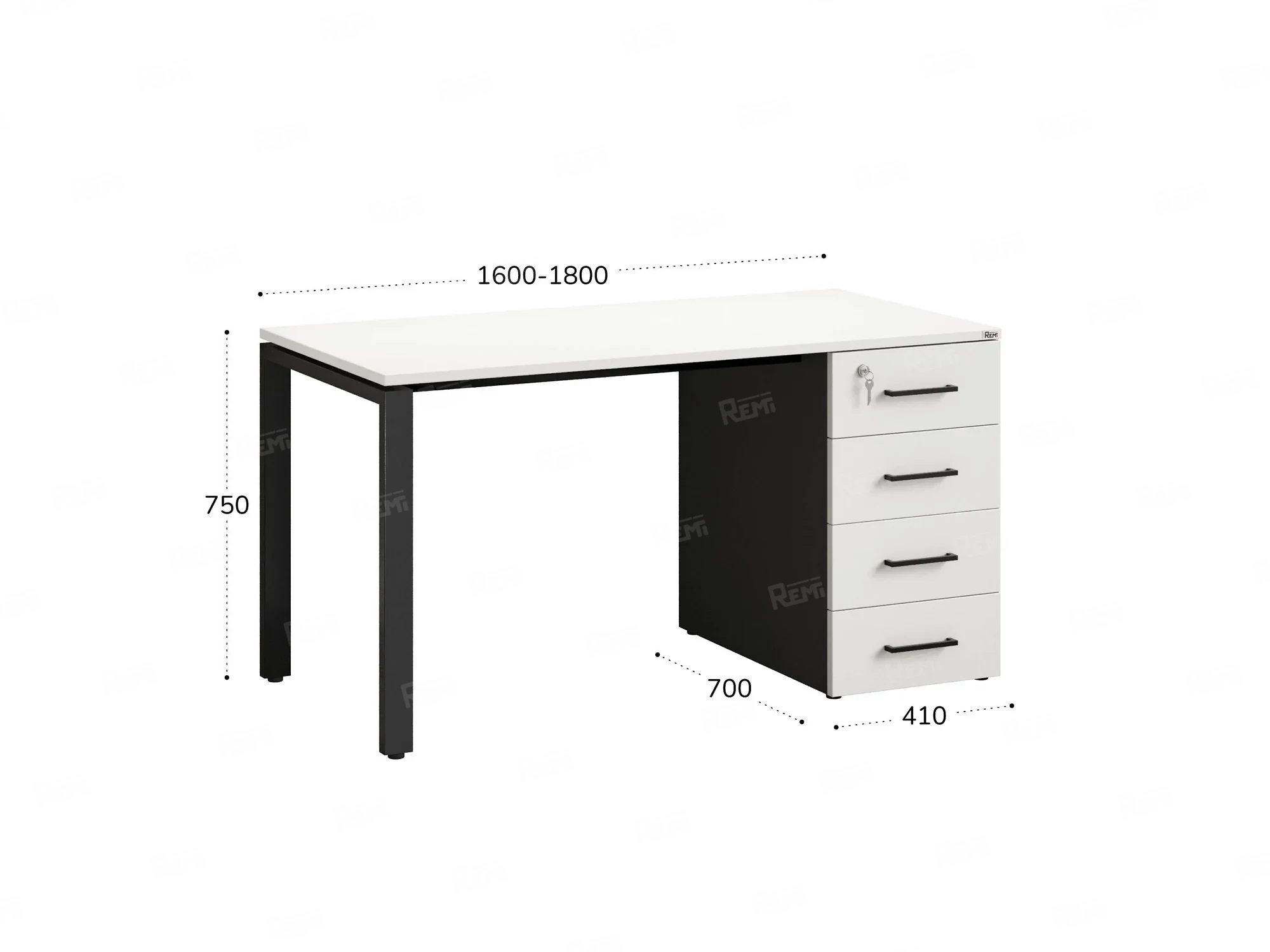 Стол прямой с тумбой на П-образных опоре, правый 1600x700x750 RM103-16x7 Белый/Черный