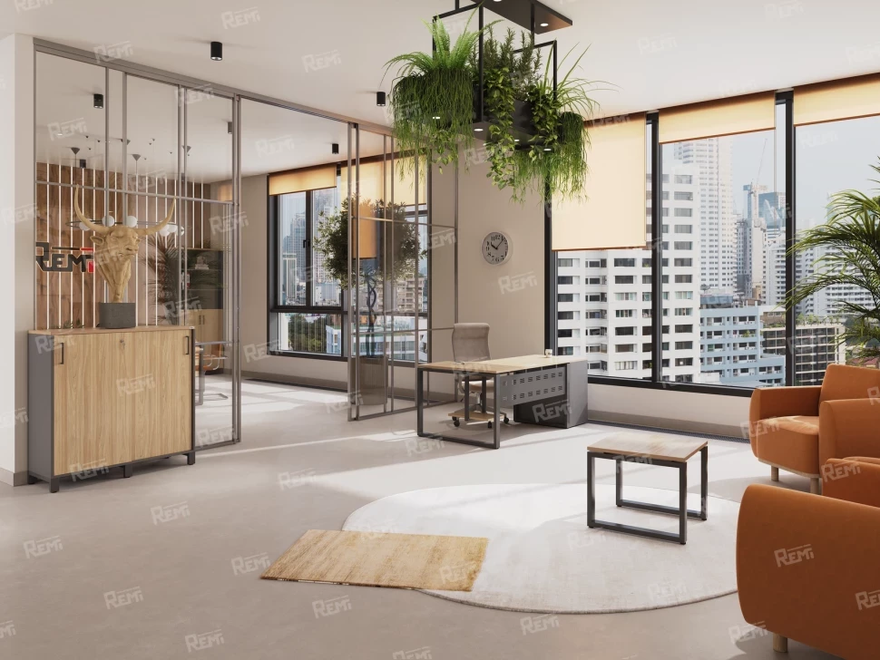 Стол прямой, подвесная тумба, ЛДСП экран, П-опора 1800x700x750 RM030-18x7 Вяз Швейцарский светлый/Серый