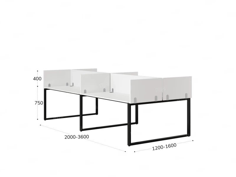 Бенч-система, 4 рабочих места, на О-образных опорах, 8 ЛДСП экранов 2000x1600x750 RM170-1-10x16 Белый/Черный