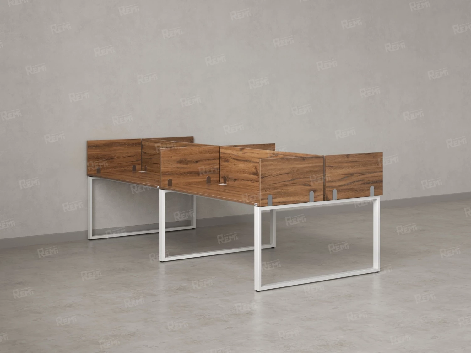 Бенч-система, 4 рабочих места, на О-образных опорах, 8 ЛДСП экранов 2800x1600x750 RM170-1-14x16 Дуб Юстус/Белый