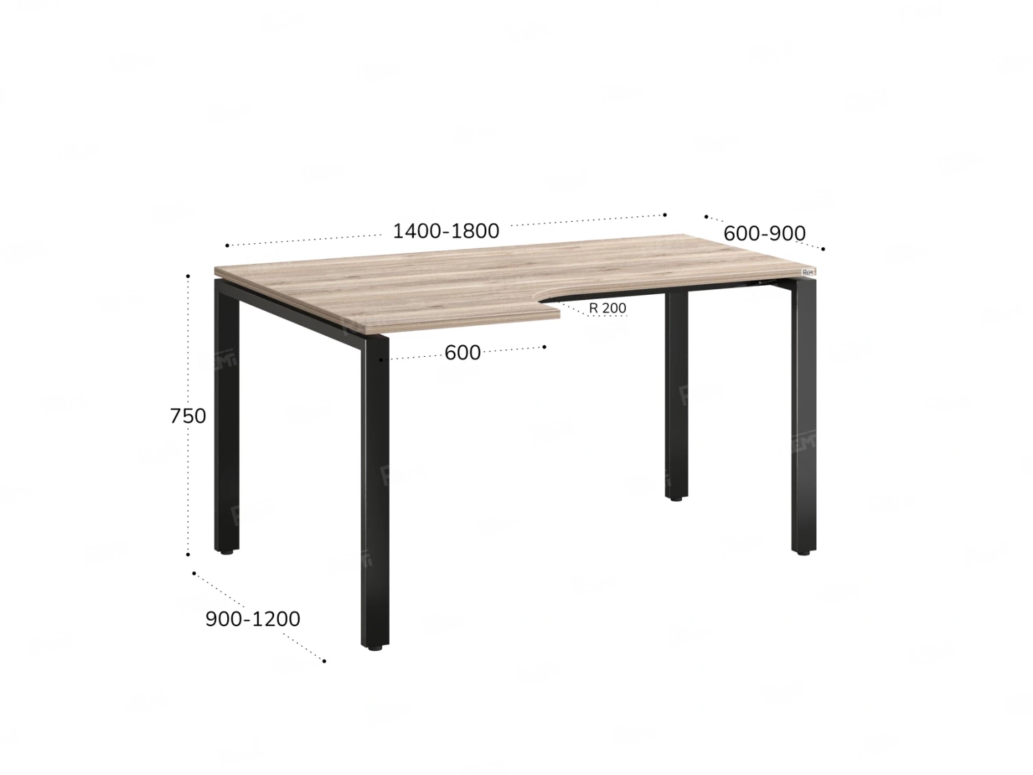Стол угловой, П-опора, левый 1600x900/1200x750, RM053-16x9-12 Дуб Маувелла/Черный