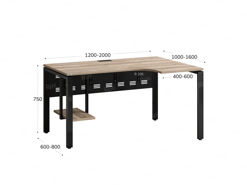 Стол угловой, экран металл, П-опора, правый 1600x900/1200x750, RM058-16x9-12 Дуб Маувелла/Черный