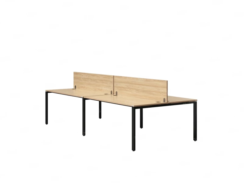 Бенч-система, 4 рабочих места, на П-образных опорах, 2 ЛДСП экранов 2000x1600x750 RM166-4-10x16 Вяз Швейцарский светлый/Черный