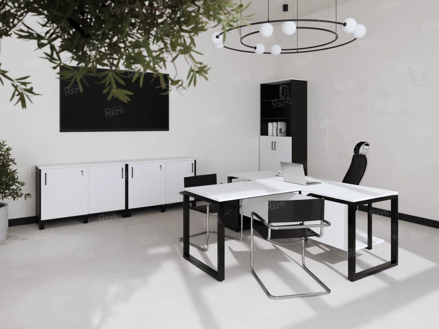 Стол прямой, подвесная тумба, ЛДСП экран, О-опора 1600x800x750 RM032-16x8 Белый/Черный