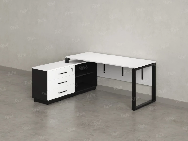 Стол прямой с тумбой L, ЛДСП экран, О-опора 1400x1400x750 RM013L-14x6 Белый/Черный