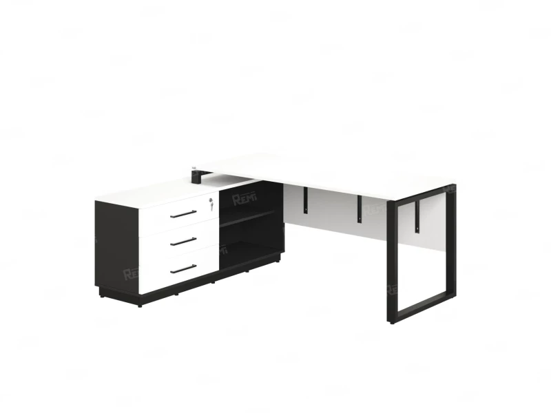 Стол прямой с тумбой L, ЛДСП экран, О-опора 1400x1400x750 RM013L-14x6 Белый/Черный