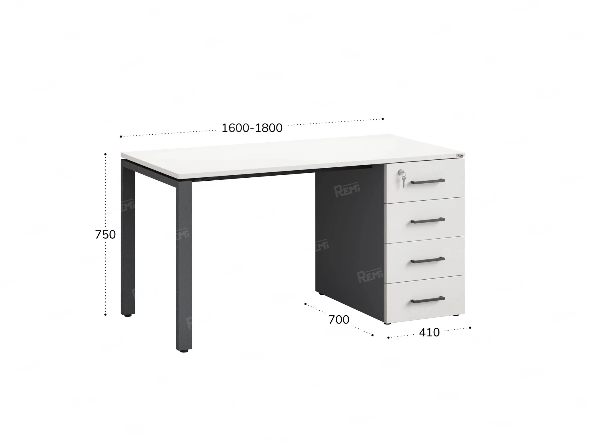 Стол прямой с тумбой на П-образных опоре, правый 1600x700x750 RM103-16x7 Белый/Серый