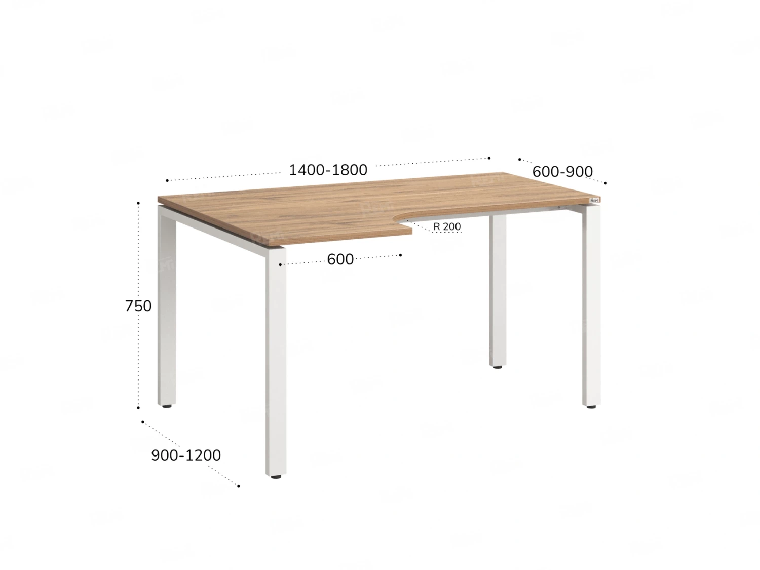 Стол угловой, П-опора, левый 1600x900/1200x750, RM053-16x9-12 Дуб Юстус/Белый