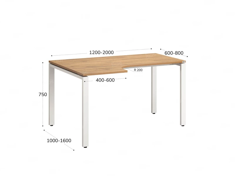 Стол угловой, П-опора, левый 1600x900/1200x750, RM053-16x9-12 Дуб Юстус/Белый