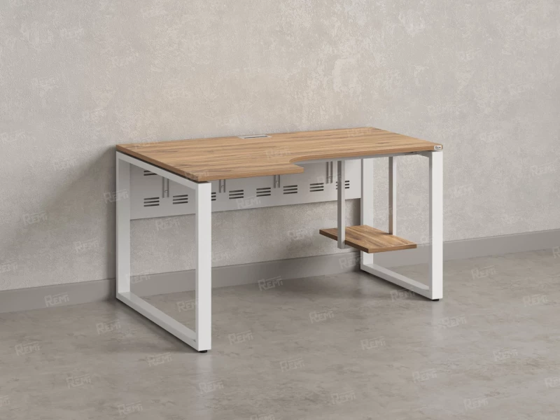 Стол угловой, экран металл, О-опора, левый 1400x900/1200x750, RM056-14x9-12 Дуб Юстус/Белый