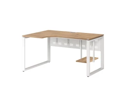 Стол угловой, экран металл, О-опора, левый 1400x900/1200x750, RM056-14x9-12 Дуб Юстус/Белый