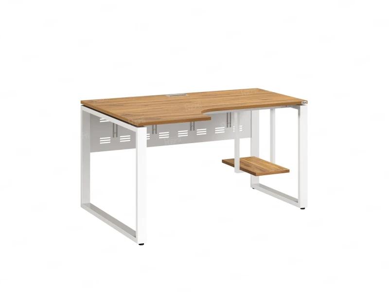 Стол угловой, экран металл, О-опора, левый 1400x900/1200x750, RM056-14x9-12 Дуб Юстус/Белый