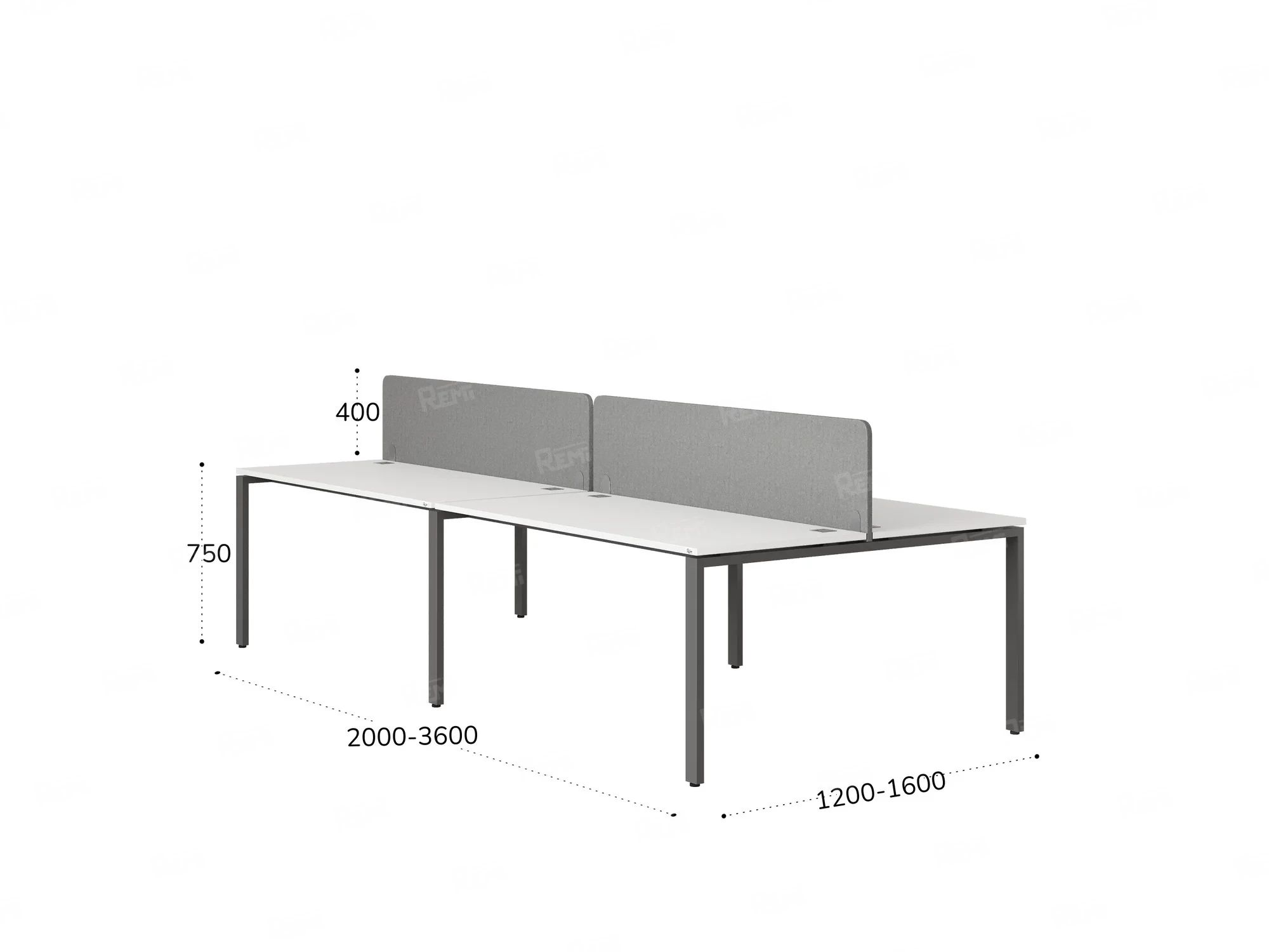 Бенч-система, 4 рабочих места, на П-образных опорах, 2 тканевых экранов 2400x1400x750 RM166-3-12x14 Белый/Серый
