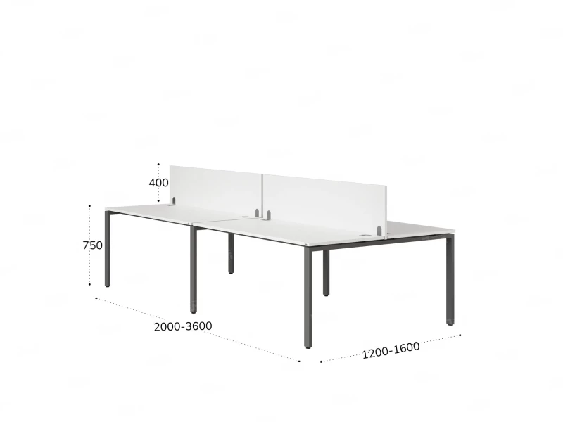 Бенч-система, 4 рабочих места, на П-образных опорах, 2 ЛДСП экранов 3200x1200x750 RM166-4-16x12 Белый/Серый