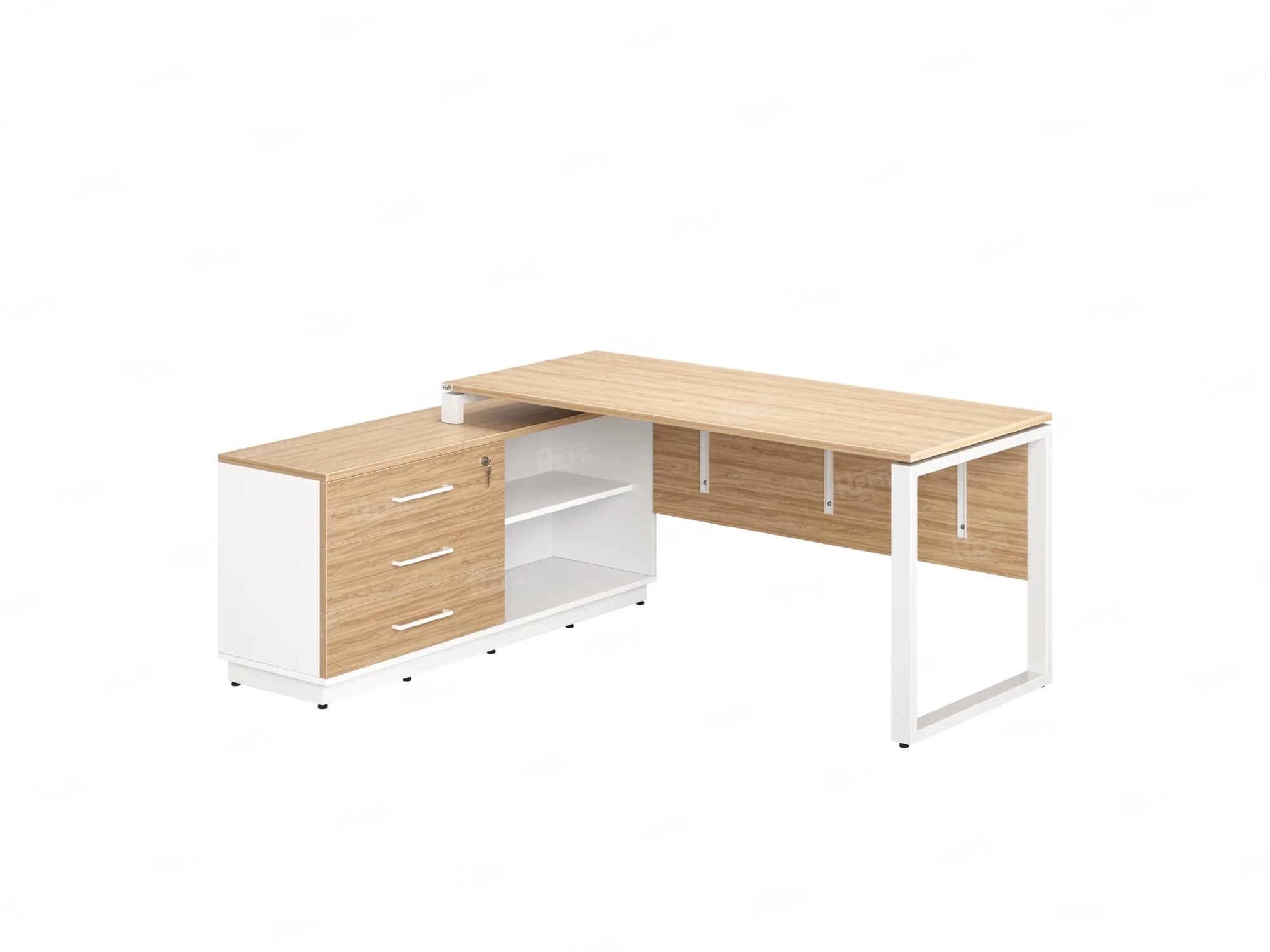 Стол прямой с тумбой L, ЛДСП экран, О-опора 1400x1400x750 RM013L-14x6 Вяз Швейцарский светлый/Белый