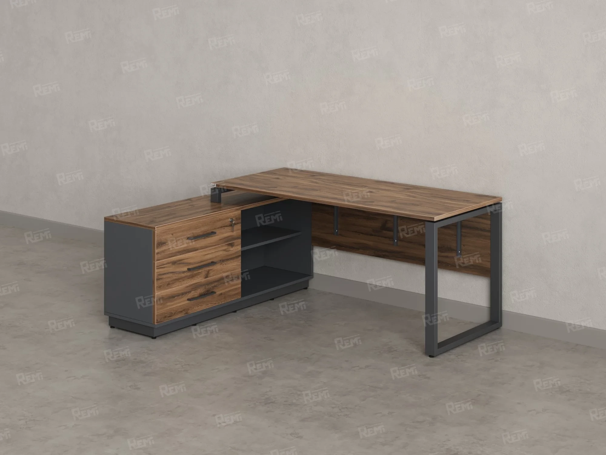 Стол прямой с тумбой L, ЛДСП экран, О-опора 2000x1400x750 RM013L-20x6 Дуб Юстус/Серый