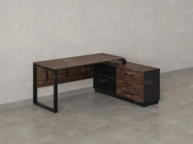 Стол прямой с тумбой R, ЛДСП экран, О-опора 1800x1400x750 RM012R-18x7 Дуб Апрельский шоколад/Черный