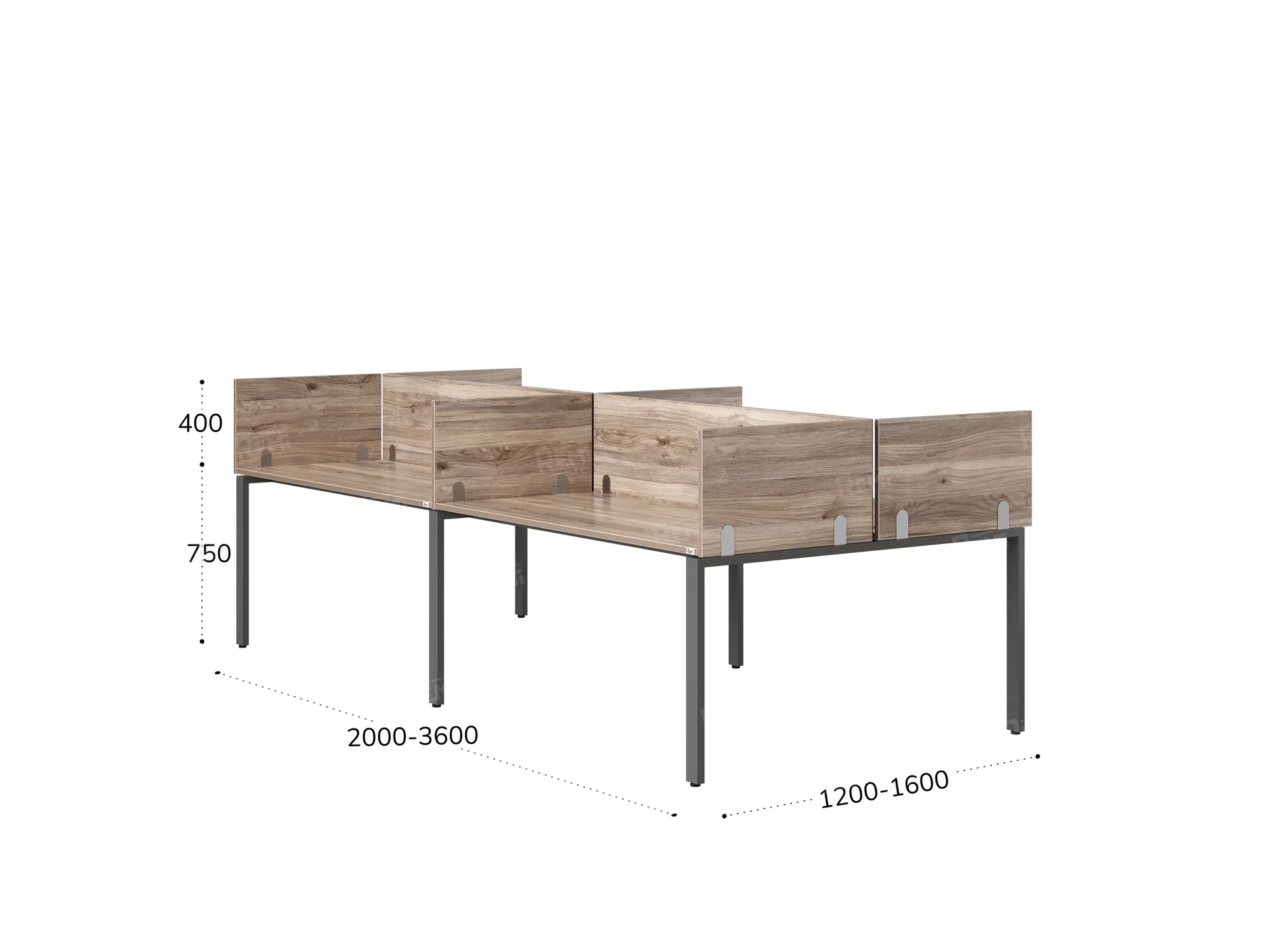 Бенч-система, 4 рабочих места, на П-образных опорах, 8 ЛДСП экранов 3200x1400x750 RM166-2-16x14 Дуб Маувелла/Серый