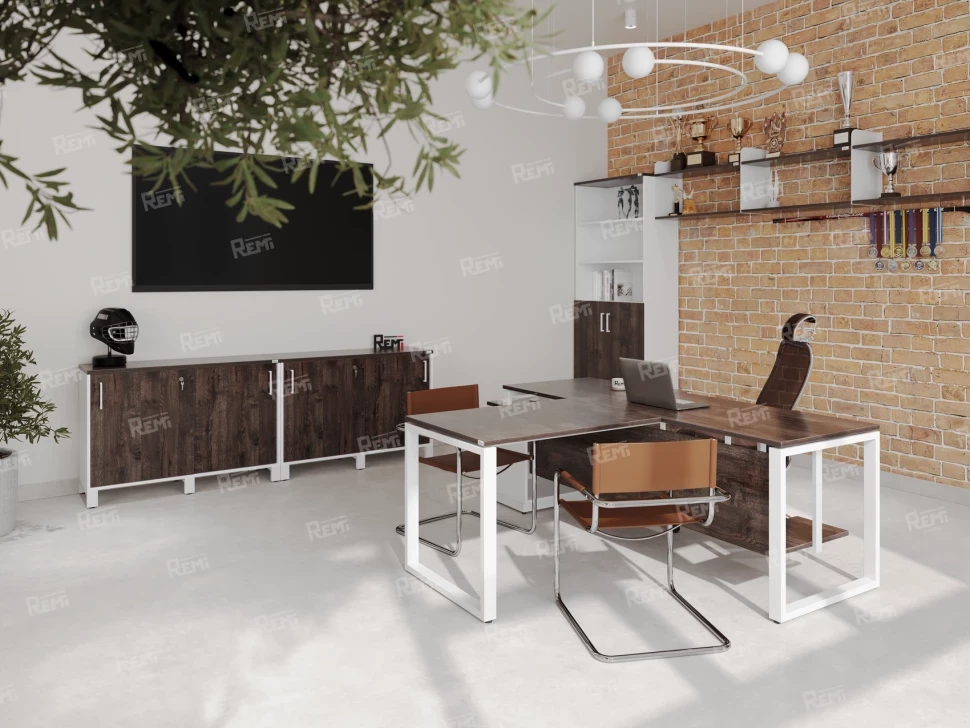 Стол прямой, подвесная тумба, ЛДСП экран, П-опора 1800x700x750 RM030-18x7 Дуб Апрельский шоколад/Белый