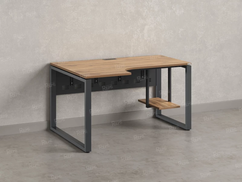 Стол угловой, экран металл, О-опора, левый 1400x900/1200x750, RM056-14x9-12 Дуб Юстус/Серый