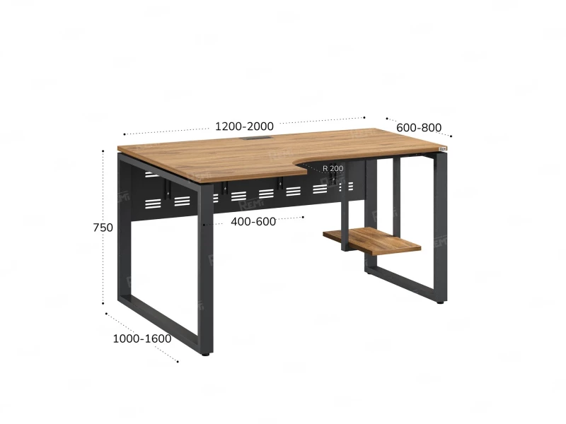 Стол угловой, экран металл, О-опора, левый 1400x900/1200x750, RM056-14x9-12 Дуб Юстус/Серый
