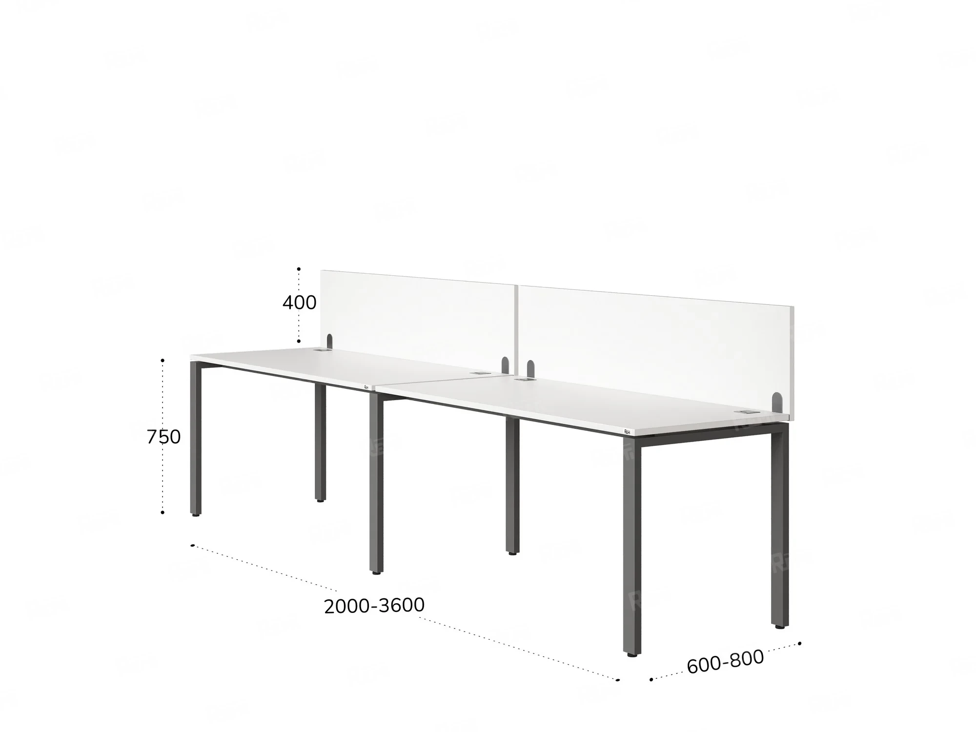 Бенч-система в 1 ряд, 2 рабочих места 2 ЛДСП экранов 3200x600x750 RM167-4-32x6 Белый/Серый