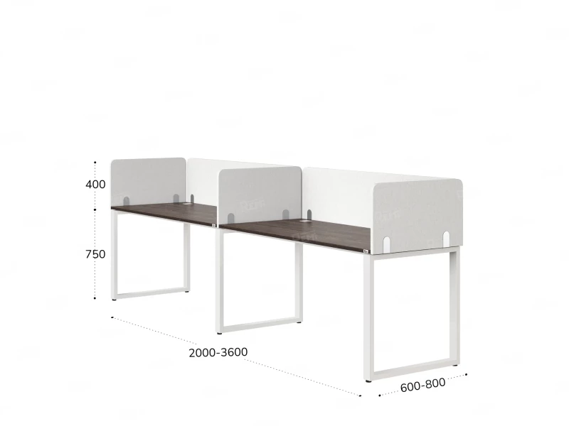 Бенч-система в 1 ряд, 2 рабочих места 5 тканевых экранов 2700x700x750 RM168-1-27x7 Дуб Апрельский шоколад/Белый