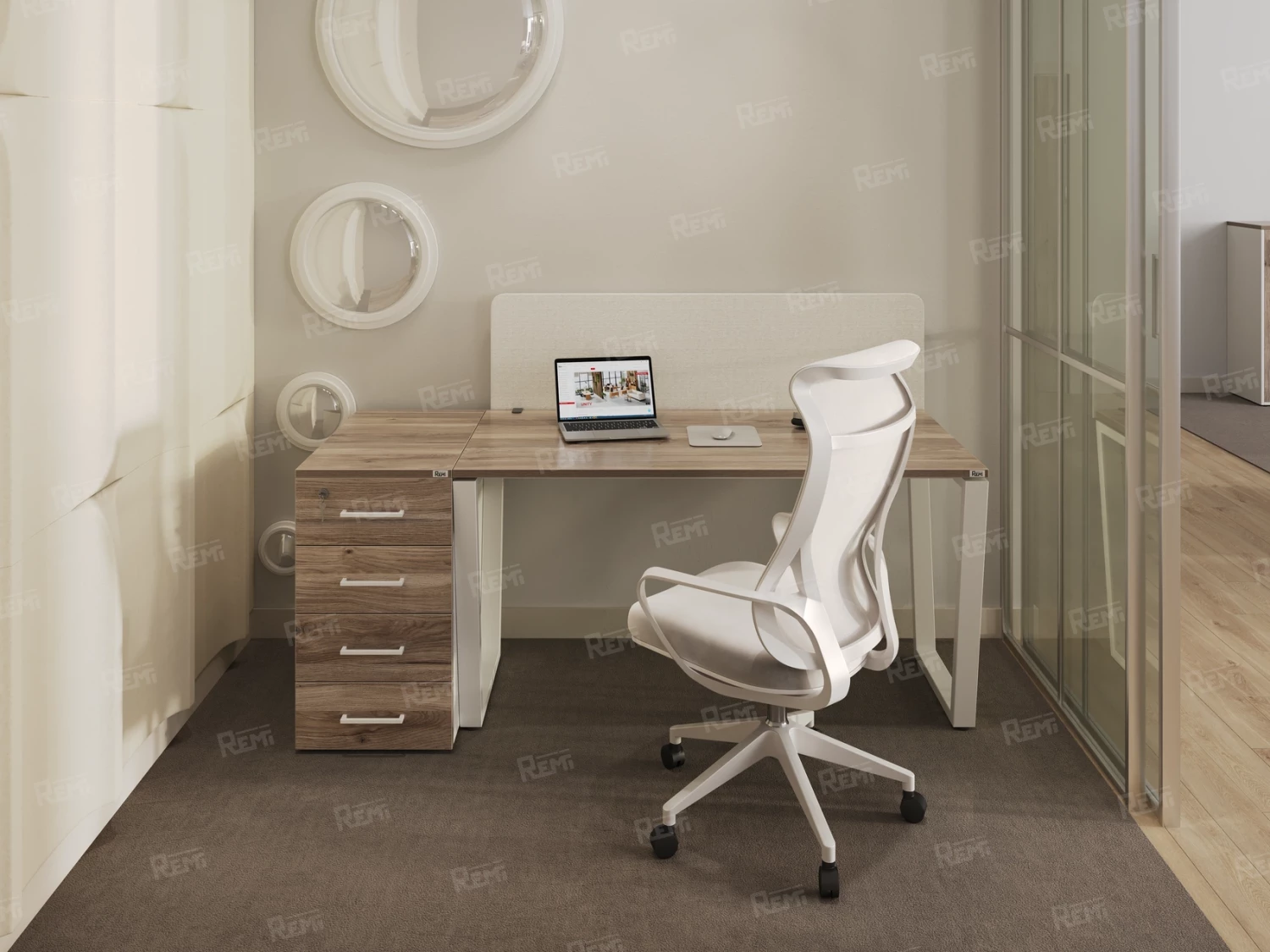 Стол прямой с подвесной тумбой, П-опора 2000x600x750 RM038-20x6 Дуб Маувелла/Белый