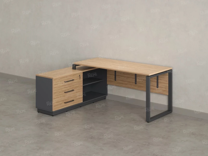 Стол прямой с тумбой L, ЛДСП экран, О-опора 1400x1400x750 RM013L-14x6 Вяз Швейцарский светлый/Серый